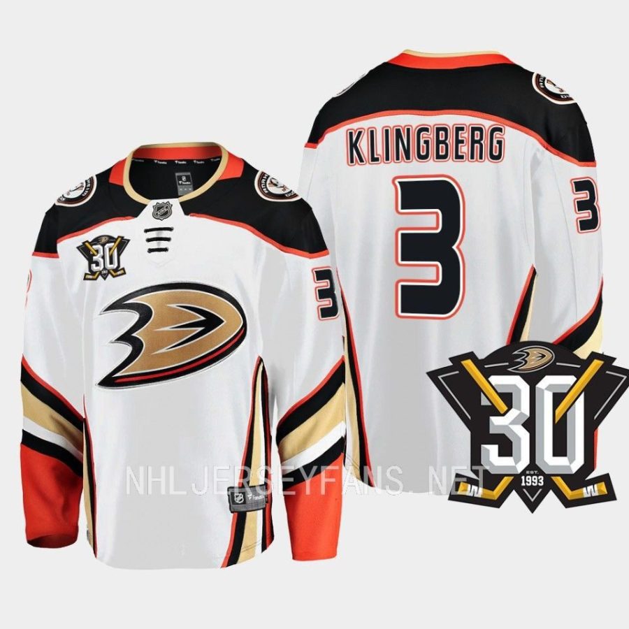 anaheim ducks john klingberg 30th anniversary 2023 24 away jersey white