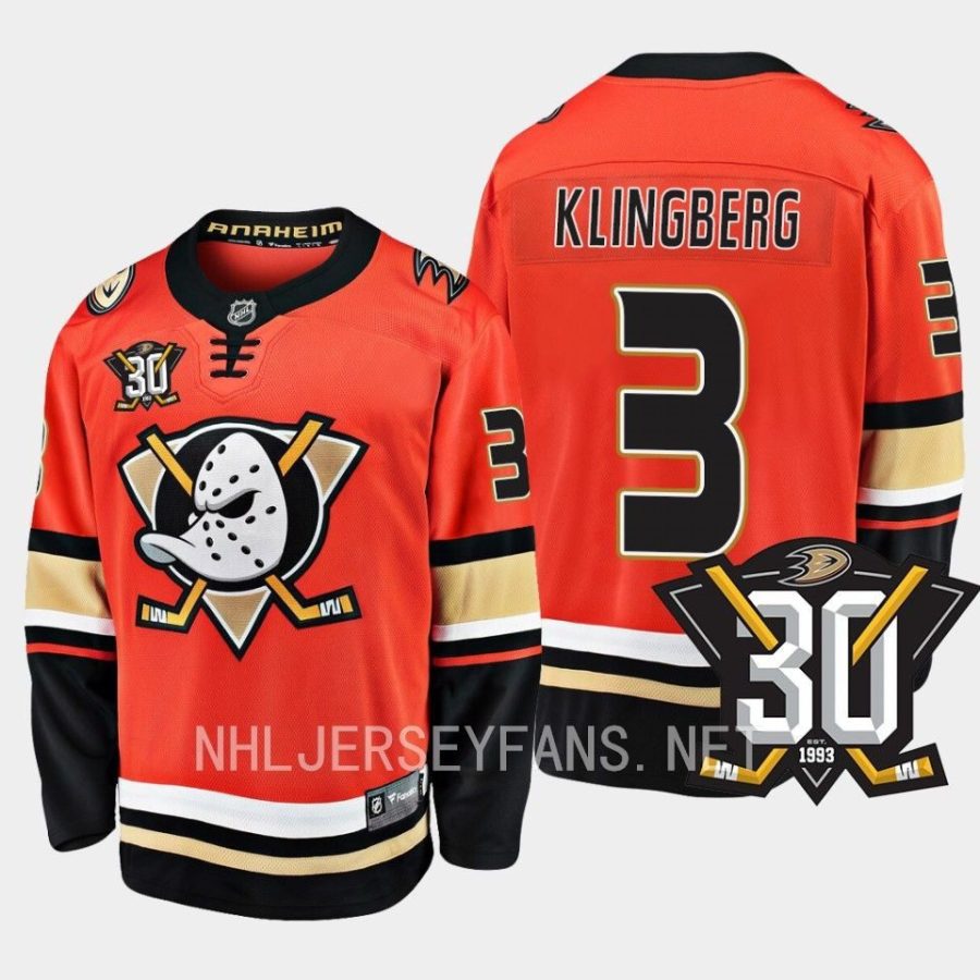 anaheim ducks john klingberg 30th anniversary 2023 24 home jersey orange