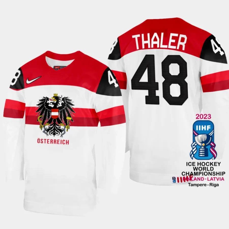 australia hockey lucas thaler 2023 iihf world championship home jersey white