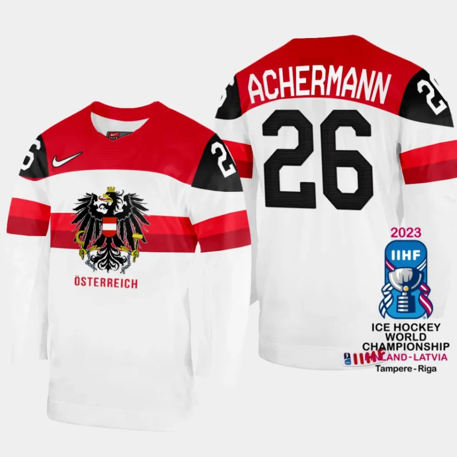 australia hockey oliver achermann 2023 iihf world championship home jersey white