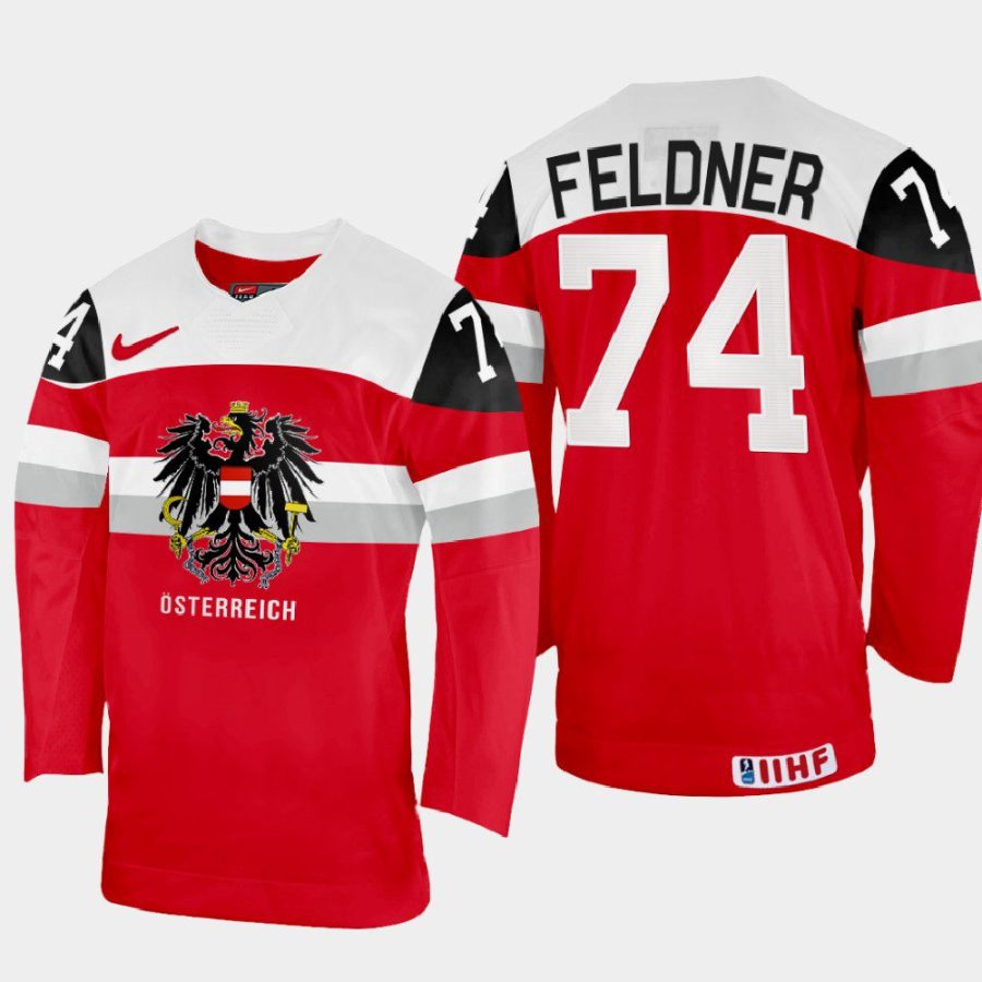 austria hockey nico feldner 2022 iihf world championship away jersey red