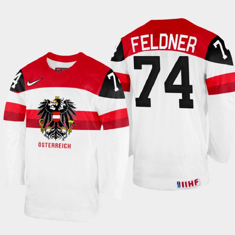 austria hockey nico feldner 2022 iihf world championship home jersey white