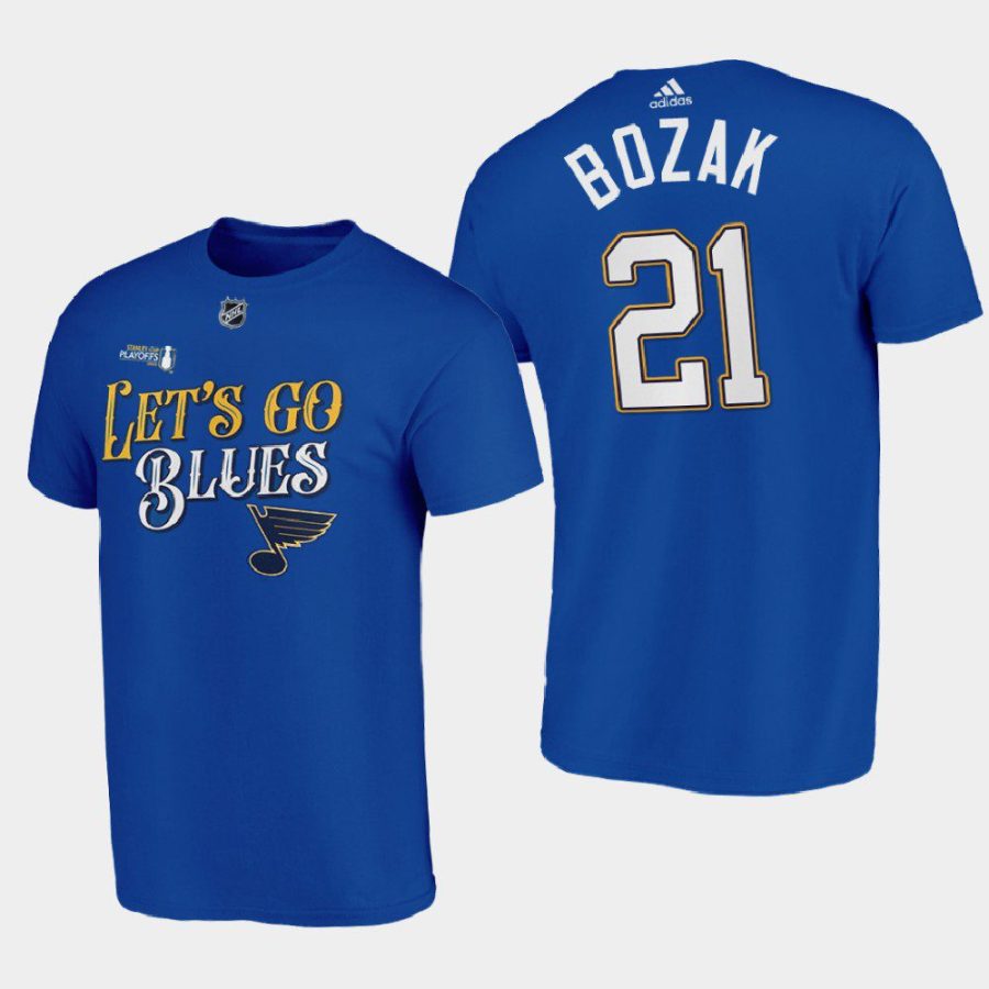 blues tyler bozak blue 2022 stanley cup playoffs lets go tee