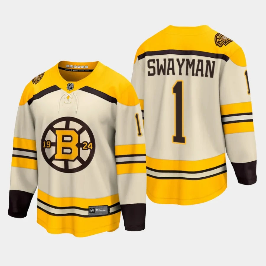 boston bruins jeremy swayman 100th anniversary 2023 24 premier breakaway player jersey cream