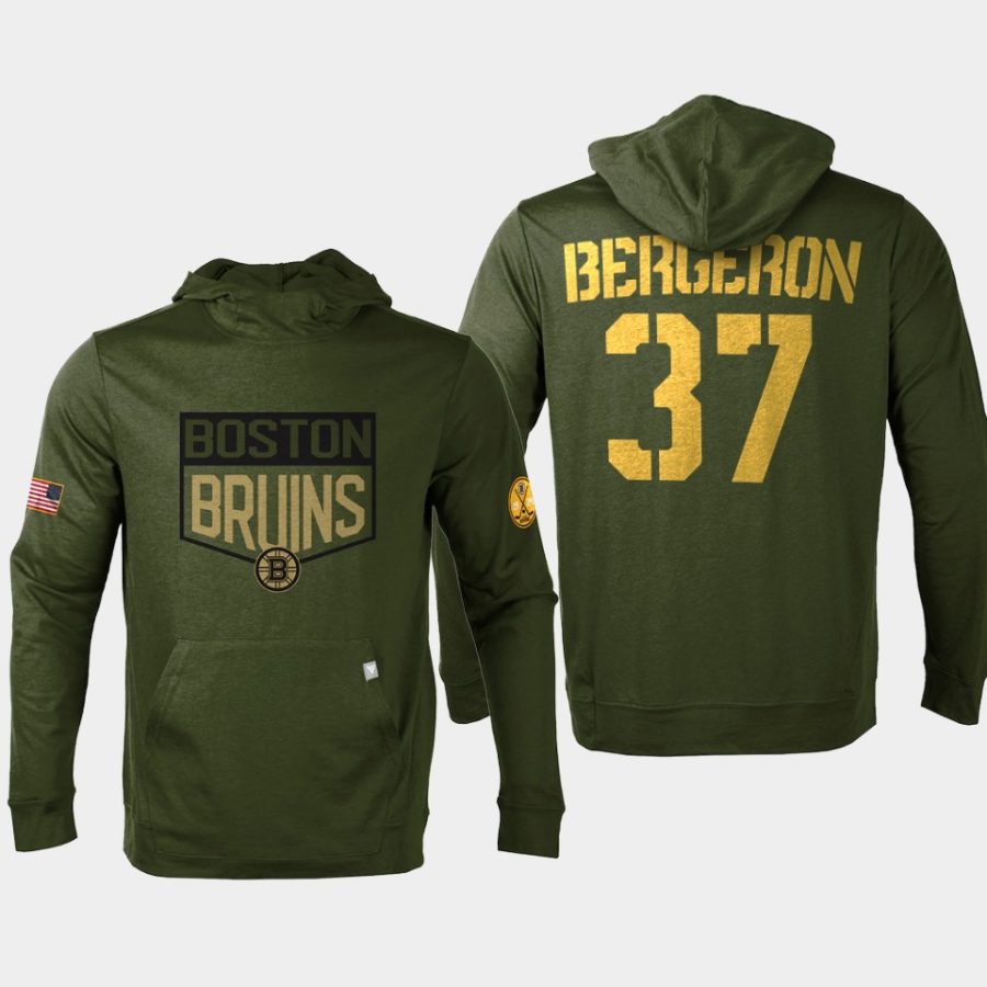 bruins patrice bergeron olive 2022 salute to service levelwear pullover hoodie