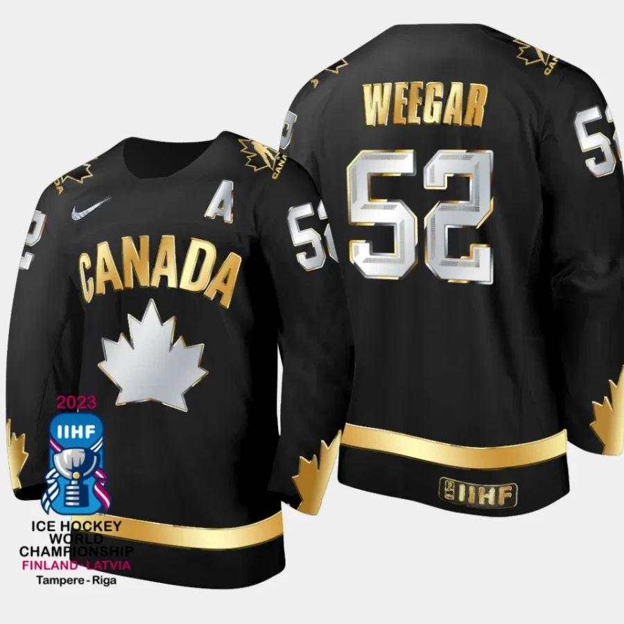 canada hockey mackenzie weegar 2023 champions du monde men gold trophy jersey black