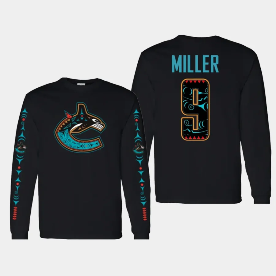 canucks j.t. miller black first nations 2023 long sleeve t shirt