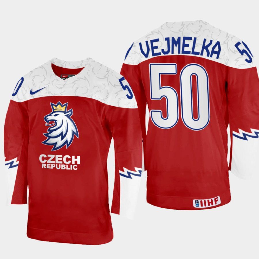 czechia hockey karel vejmelka 2022 iihf world championship away jersey red