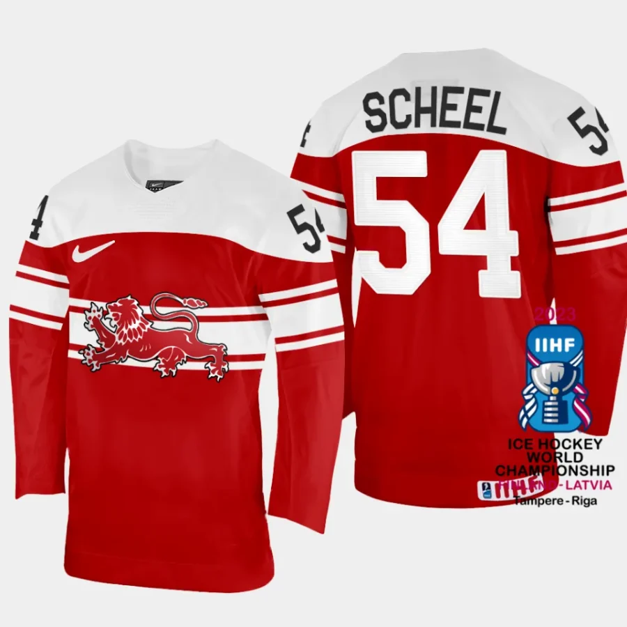 denmark hcokey felix scheel 2023 iihf world championship away jersey red