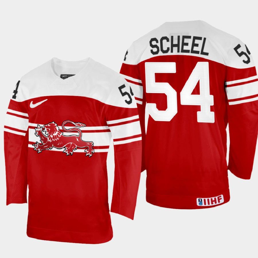 denmark hockey felix scheel 2022 iihf world championship away jersey red