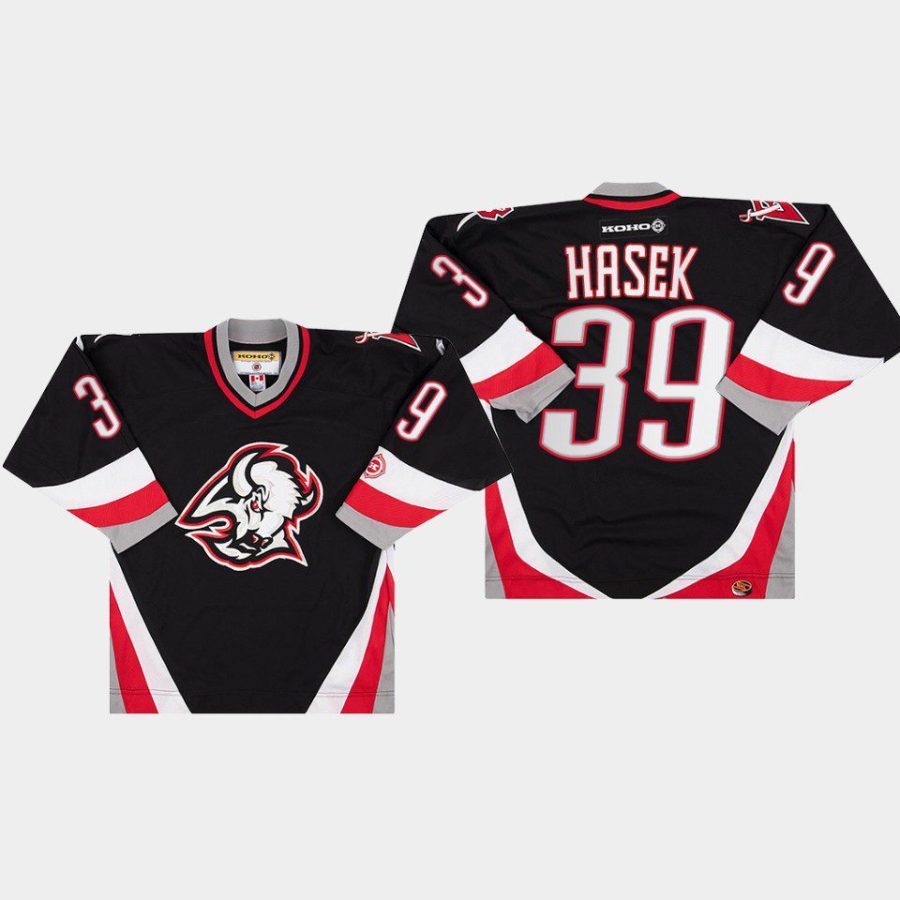 dominik hasek sabres black primary goathead logo throwback jersey