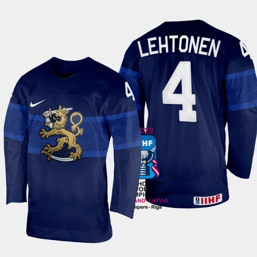 finland hockey mikko lehtonen 2023 iihf world championship men away jersey navy