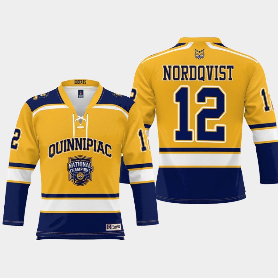 jacob nordqvist quinnipiac bobcats gold 2023 ncaa national champions ice hockey jersey