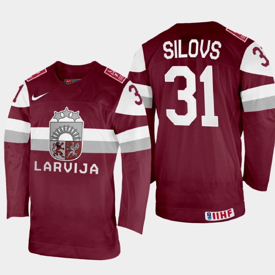 latvia hockey arturs silovs 2022 iihf world championship away jersey maroon