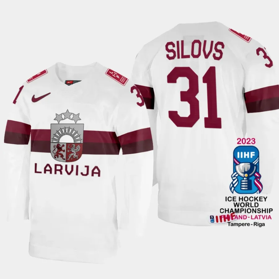 latvia hockey arturs silovs 2023 iihf world championship home jersey white