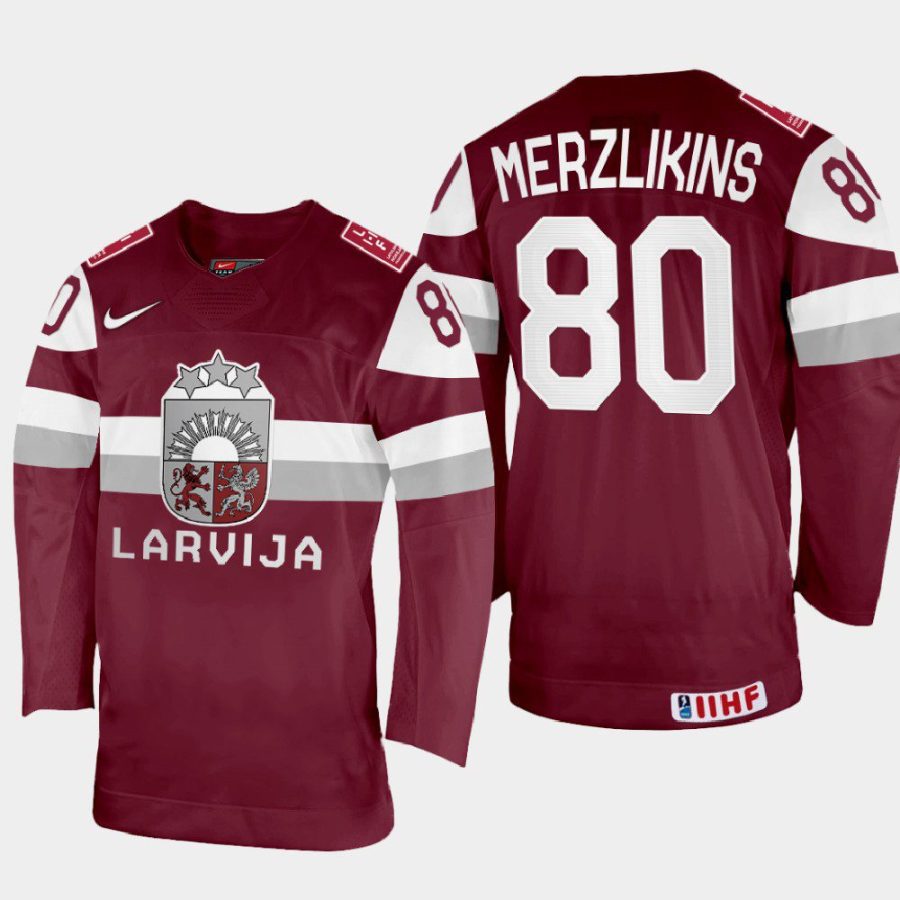 latvia hockey elvis merzlikins 2022 iihf world championship away jersey maroon