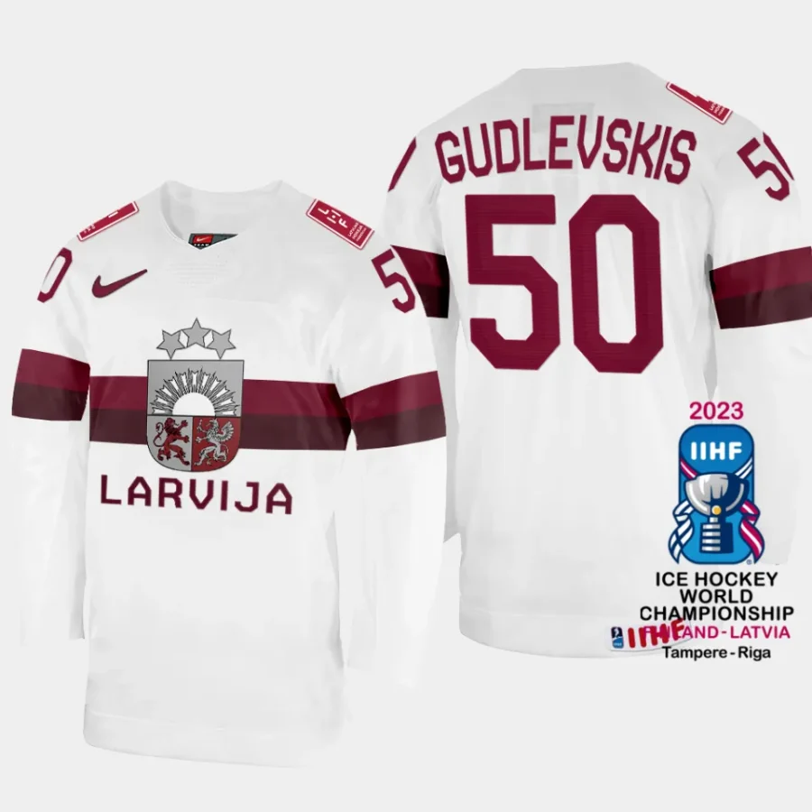 latvia hockey kristers gudlevskis 2023 iihf world championship home jersey white