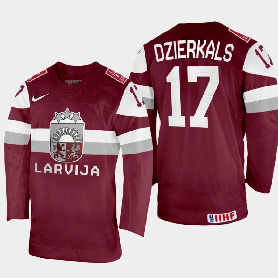 latvia hockey martins dzierkals 2022 iihf world championship away jersey maroon