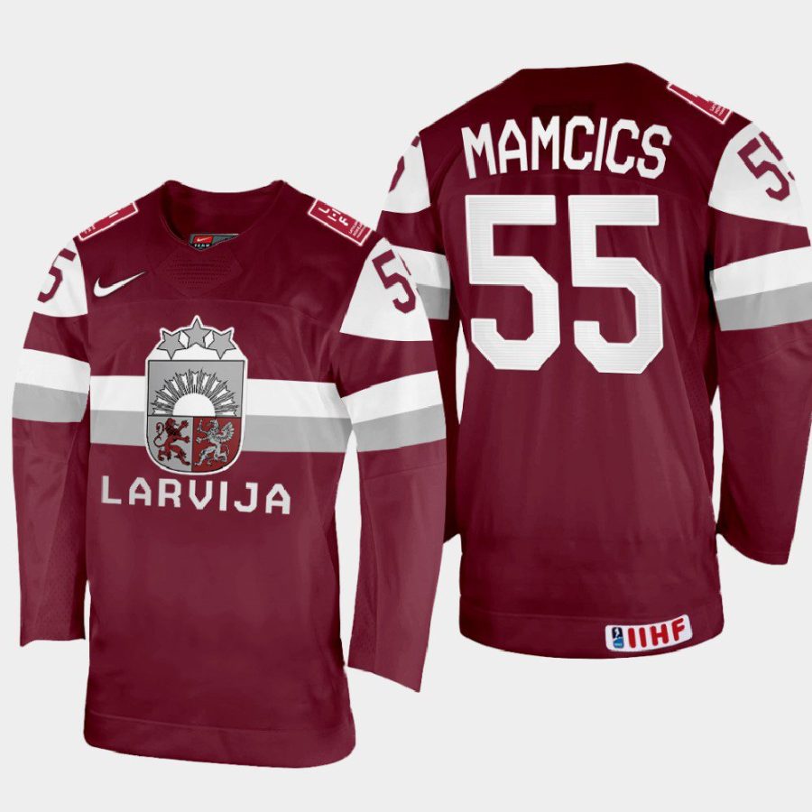 latvia hockey roberts mamcics 2022 iihf world championship away jersey maroon