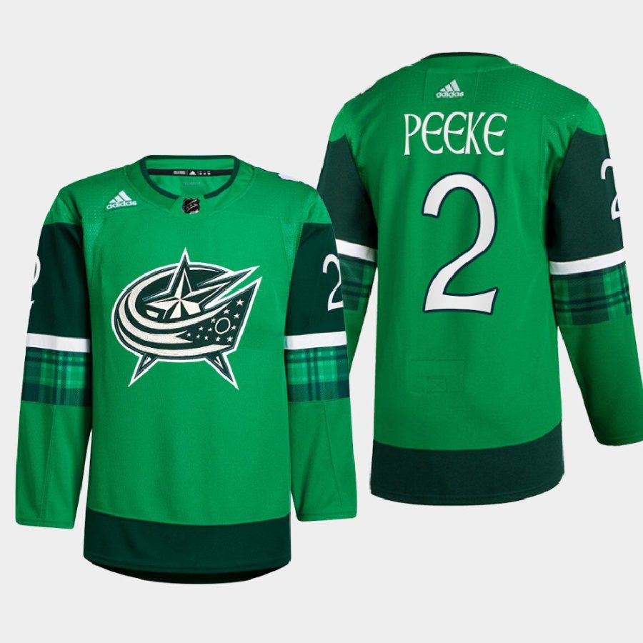 men blue jackets andrew peeke warm up st. patricks day 2022 green jersey