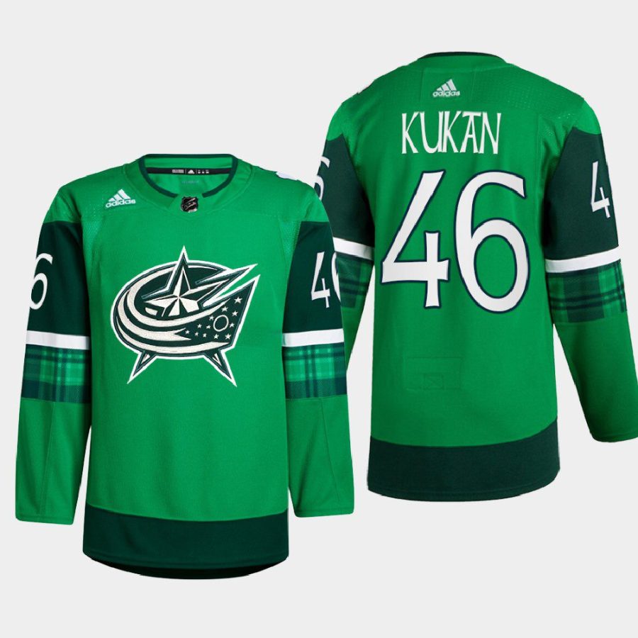 men blue jackets dean kukan warm up st. patricks day 2022 green jersey