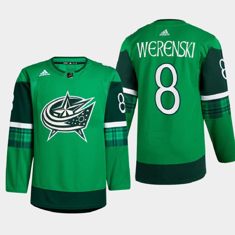 men blue jackets zach werenski warm up st. patricks day 2022 green jersey