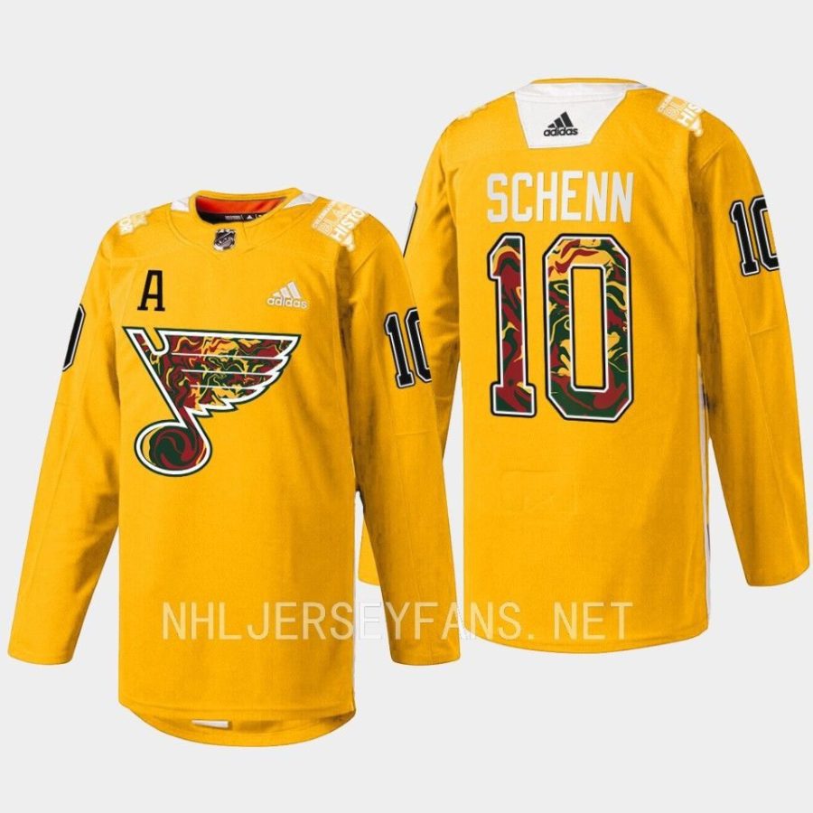 men blues brayden schenn 2023 warmup black history night yellow jersey