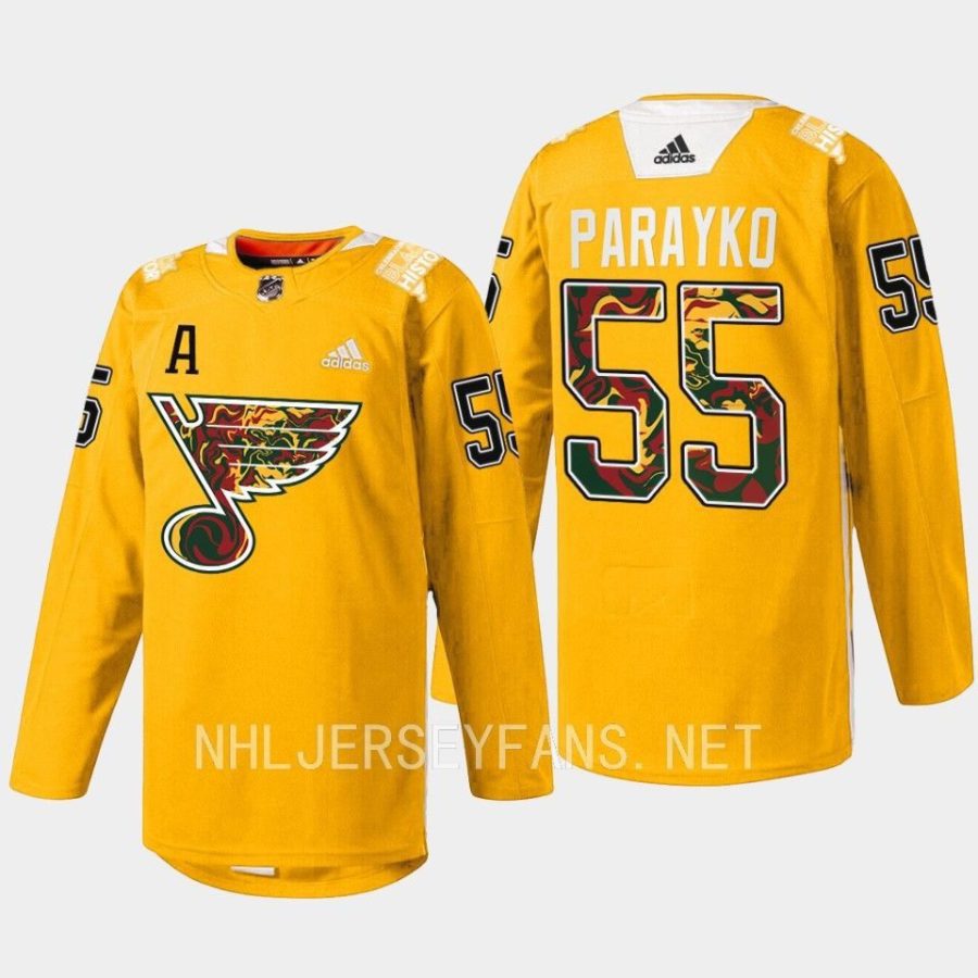 men blues colton parayko 2023 warmup black history night yellow jersey