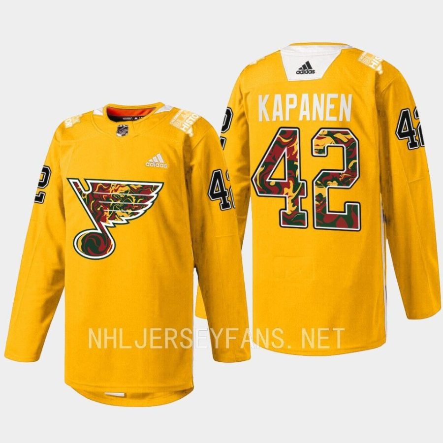 men blues kasperi kapanen 2023 warmup black history night yellow jersey