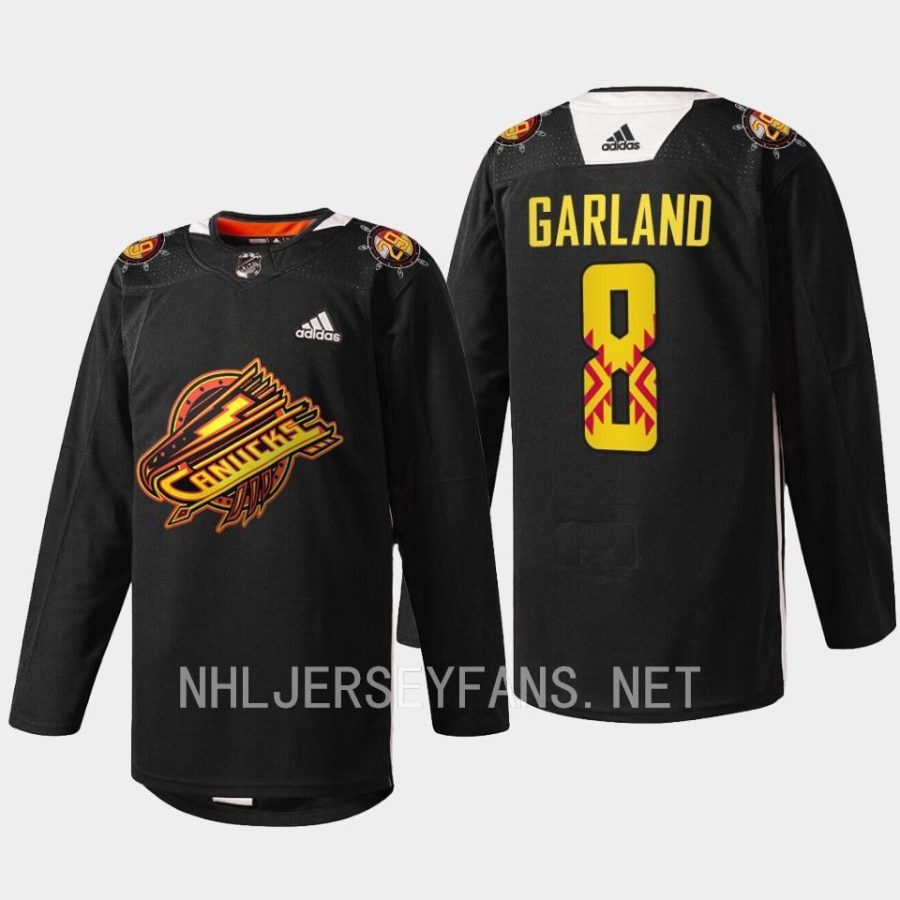 men canucks conor garland 2023 warm up first nations celebration black jersey