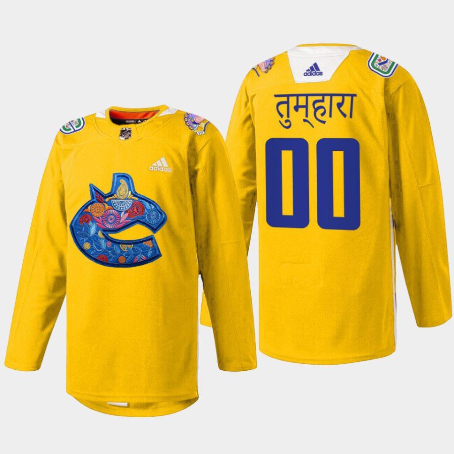 men canucks custom 2022 warmup diwali night yellow jersey