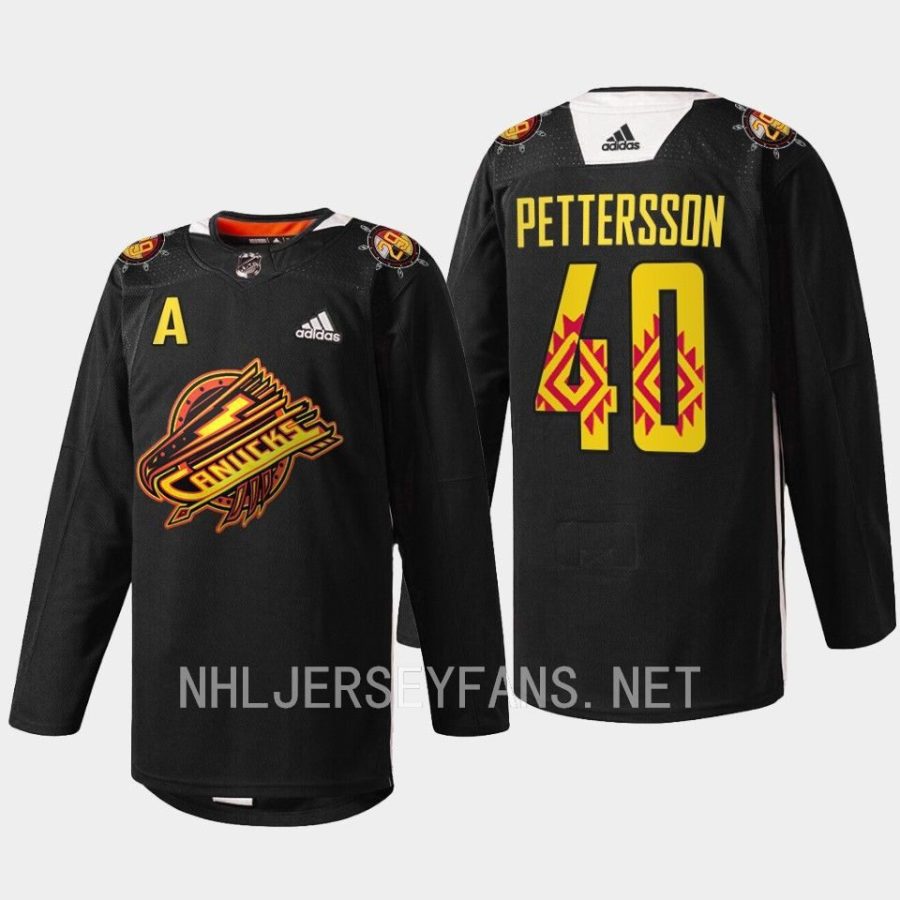 men canucks elias pettersson 2023 warm up first nations celebration black jersey