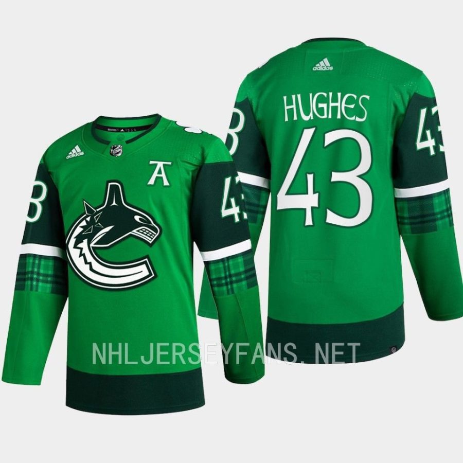 men canucks quinn hughes 2023 st. patricks day primegreen authentic jersey green