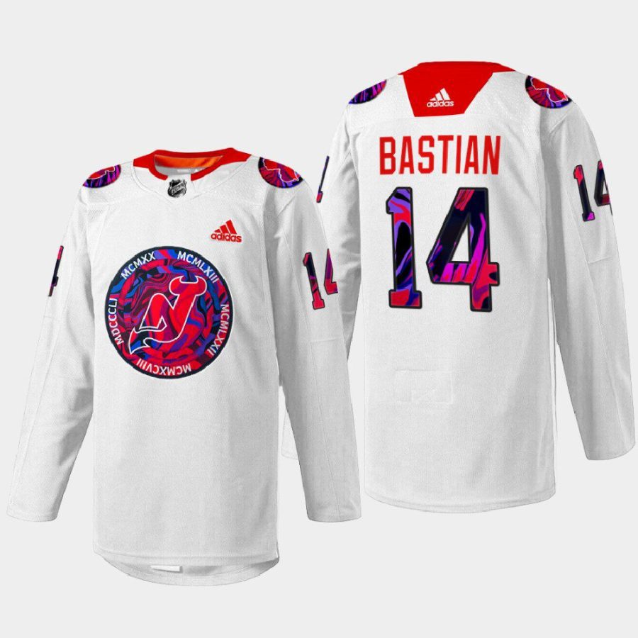 men devils nathan bastian 2022 warm up gender equality night white jersey