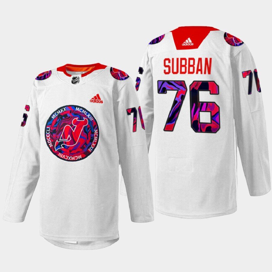 men devils p.k. subban 2022 warm up gender equality night white jersey