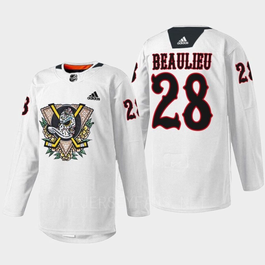 men ducks nathan beaulieu 2022 warmup dia de muertos night white jersey