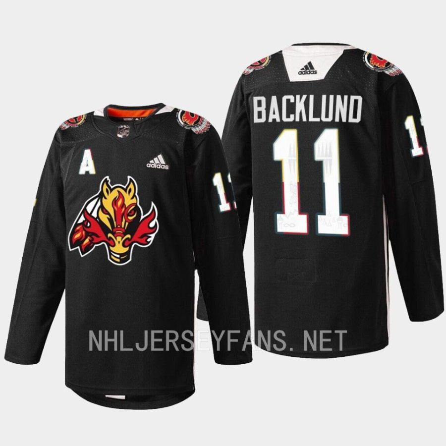 men flames mikael backlund 2023 warmup indigenous celebration night black jersey