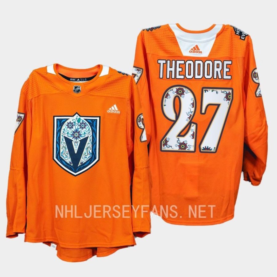 men golden knights shea theodore 2022 warmups hispanic heritage night orange jersey