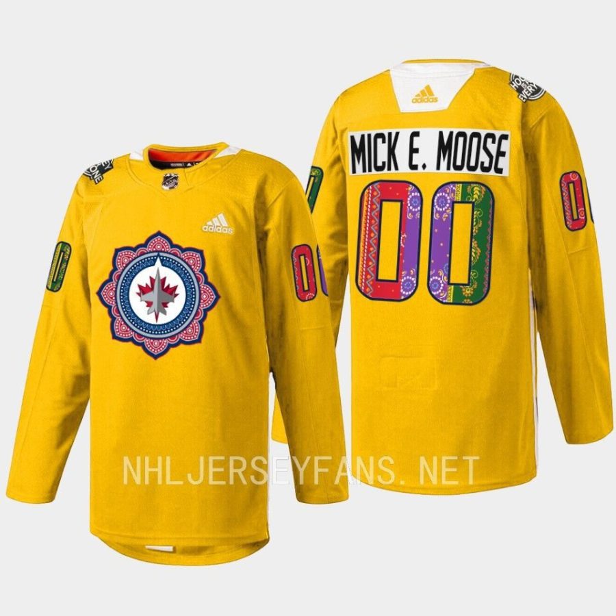 men jets mick e moose warmup south asian heritage night 2023 gold jersey