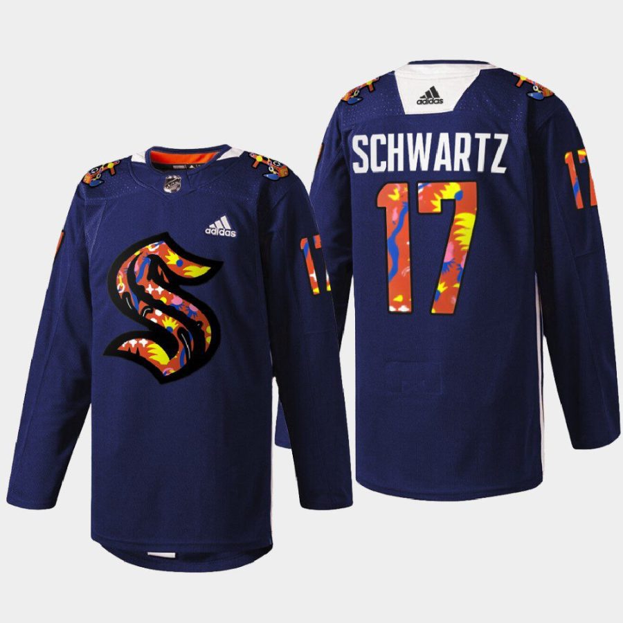 men kraken jaden schwartz 2022 stevie artwork warmup women of hockey navy jersey