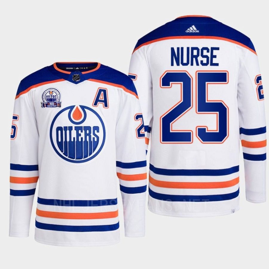 men oilers darnell nurse 2022 away lee ryan hall of fame patch white jersey