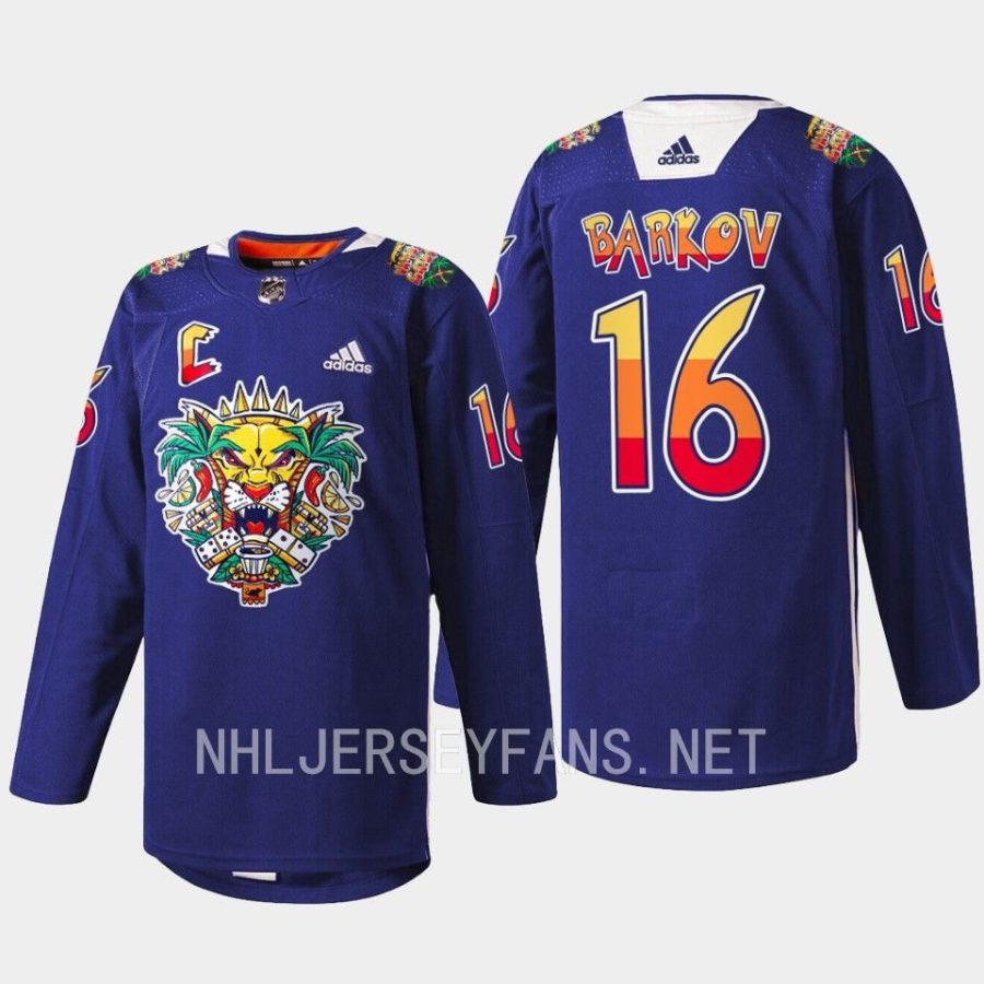 men panthers aleksander barkov warmups vamos gatos 2023 navy jersey