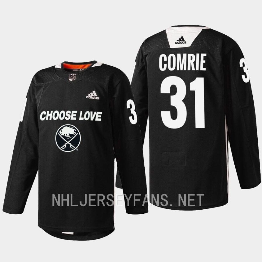 men sabres eric comrie 2023 warm up choose love night black jersey