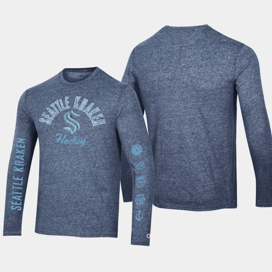 men seattle kraken multi logo heather navy tri blend long sleeve t shirt