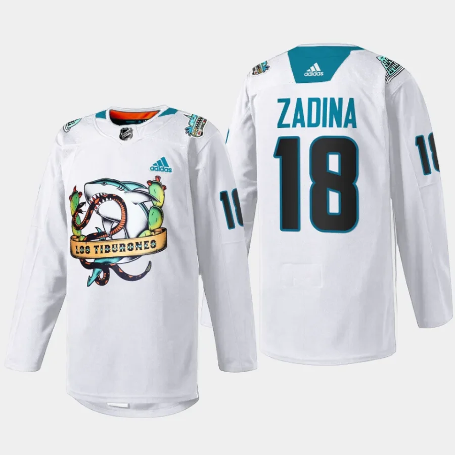 men sharks filip zadina special 2023 los tiburones white jersey