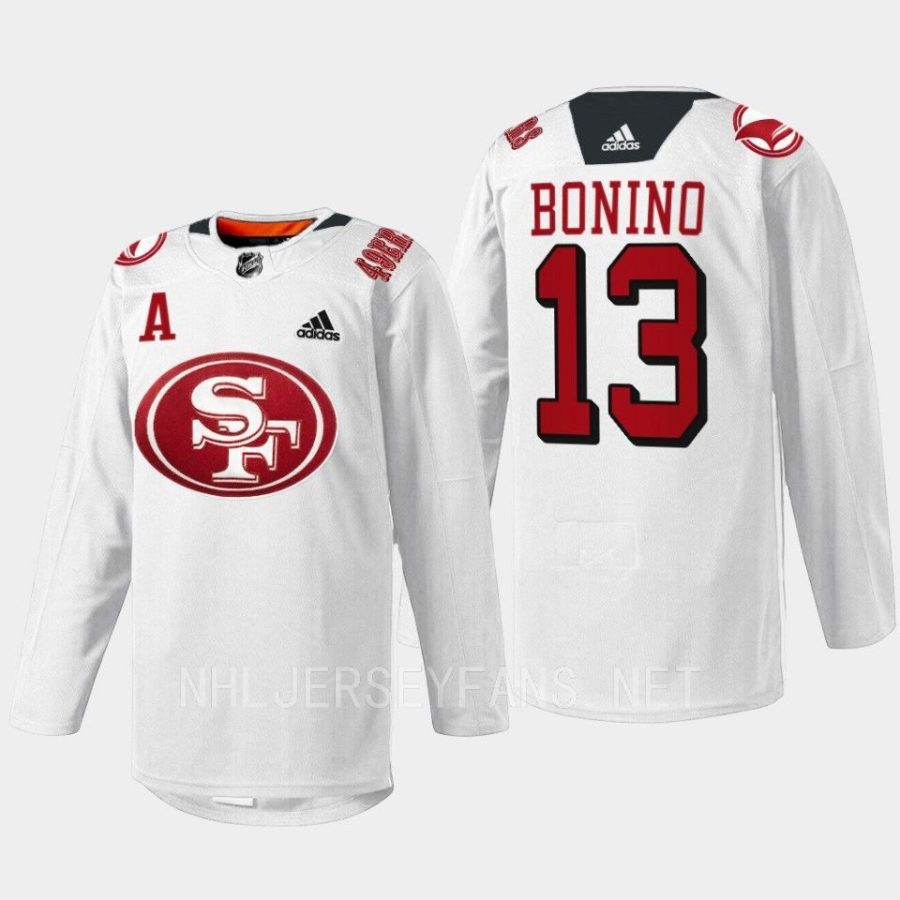 men sharks nick bonino 2022 specialty warm up 49er mash up white jersey