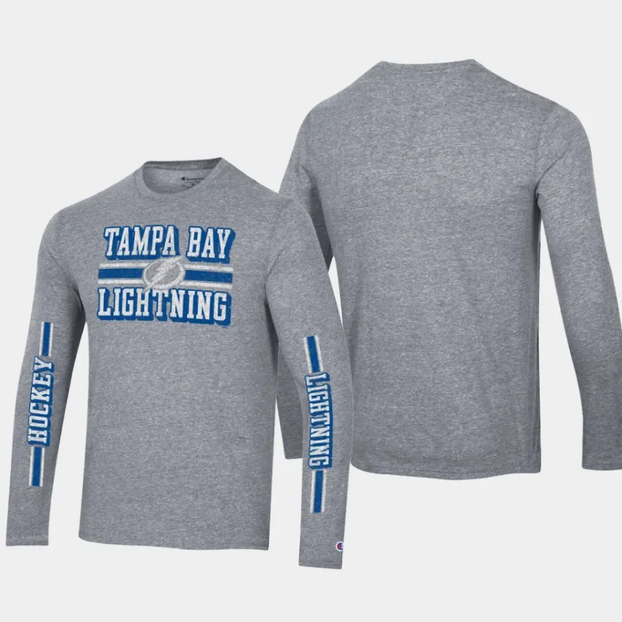 men tampa bay lightning multi logo heather gray tri blend long sleeve t shirt