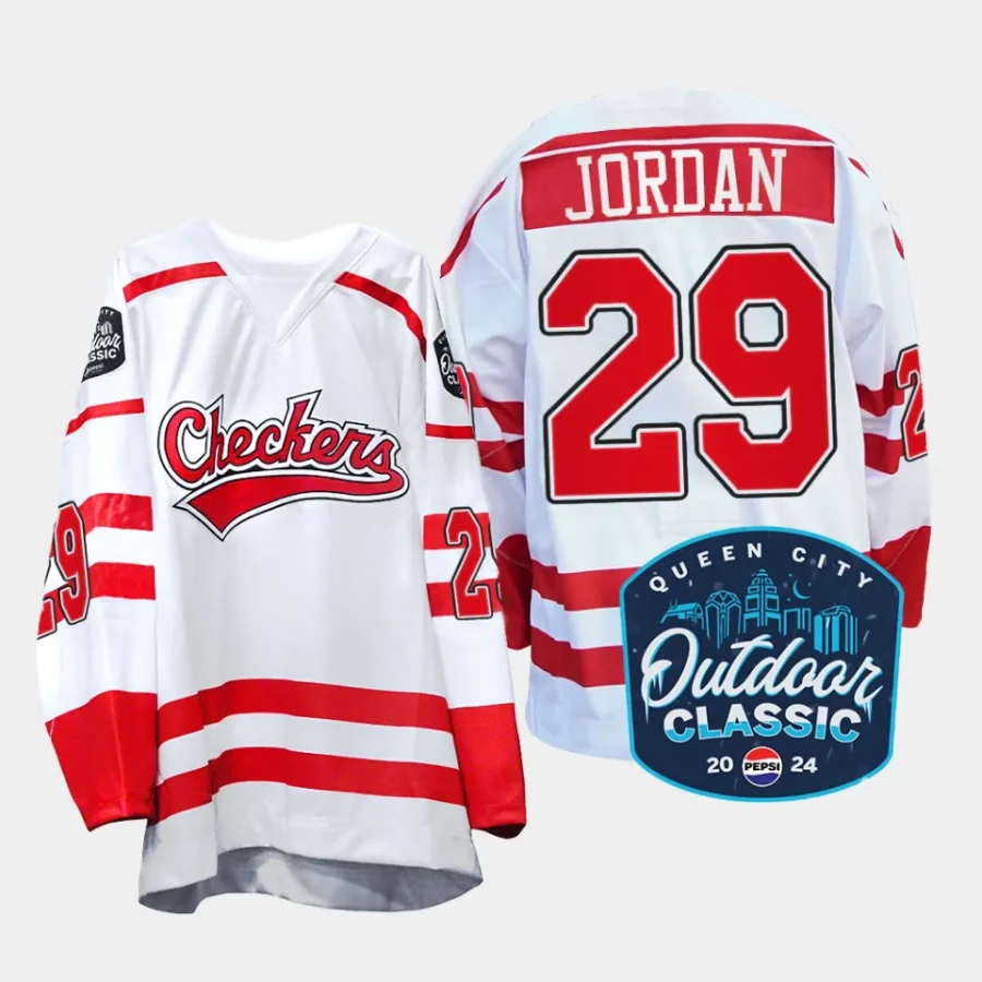 michal jordan charlotte checkers white 2024 queen city outdoor classic ahl replica jersey