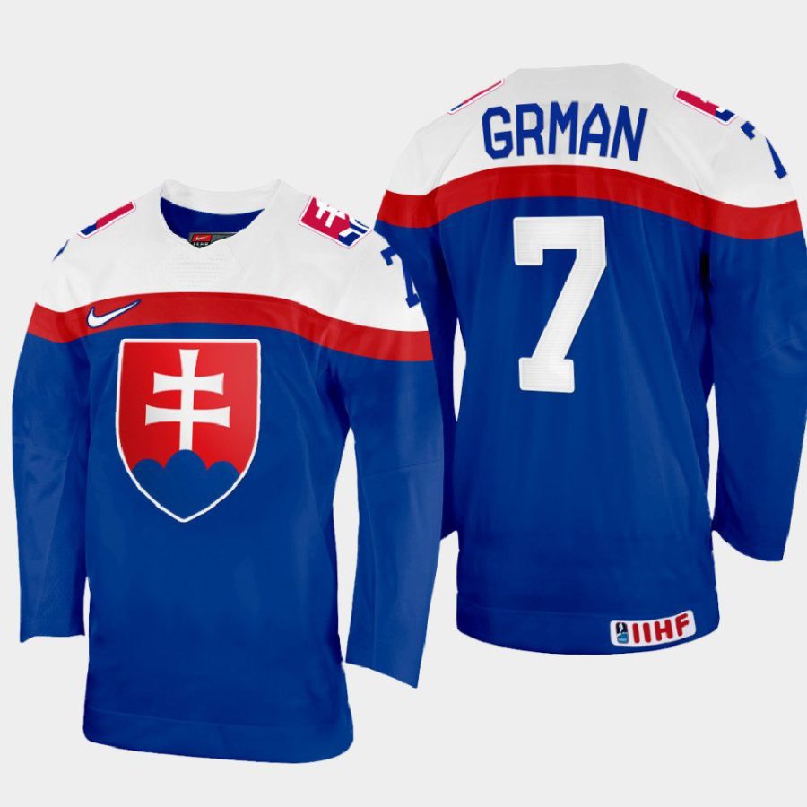 slovakia hockey mario grman 2022 iihf world championship away jersey blue