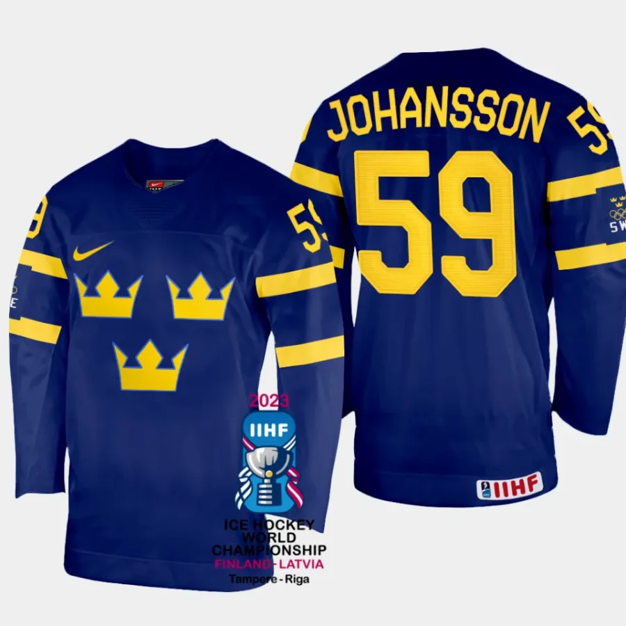 sweden hockey linus johansson 2023 iihf world championship men away jersey navy